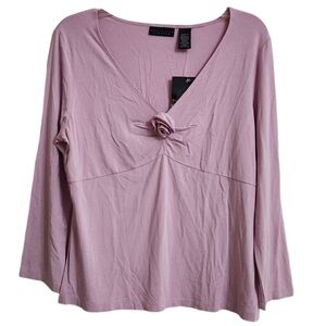 Apostrophe Women V Neck Purple Blouse Size L 3/4 Sleeve With Detachable Rose NWT